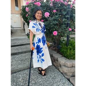 NATORI White Blue Floral Collared Front Button Cinched Waist Andora Dress Size 8